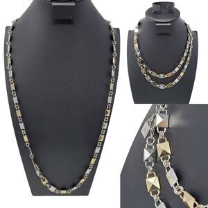 Vintage Chaps Gold Silver‎ Metal Geometric Square Charm Long Necklace Hip Belt